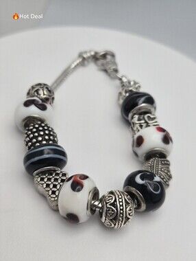 Black White Murano Glass Charm Bracelet Crown Money Bag Love 7.5" Pandora Style
